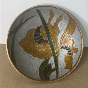 Brass Bowl with Painted Floral Enamel Iris Lilly